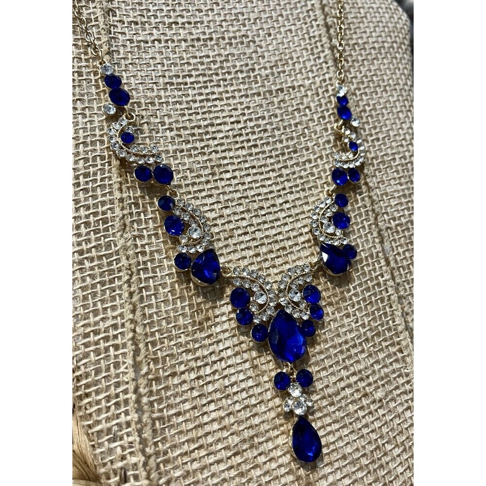 Cobalt Blue Y Drop Necklace Gold Tone Rhinestone Statement Wedding Prom - Picture 4 of 8